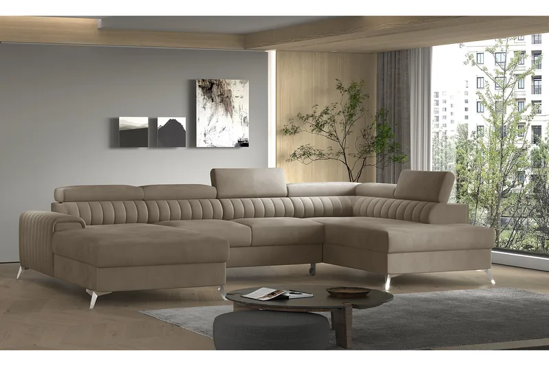 Kamran Bäddsoffa m. Divan och Schäslong med Förvaring, Beige