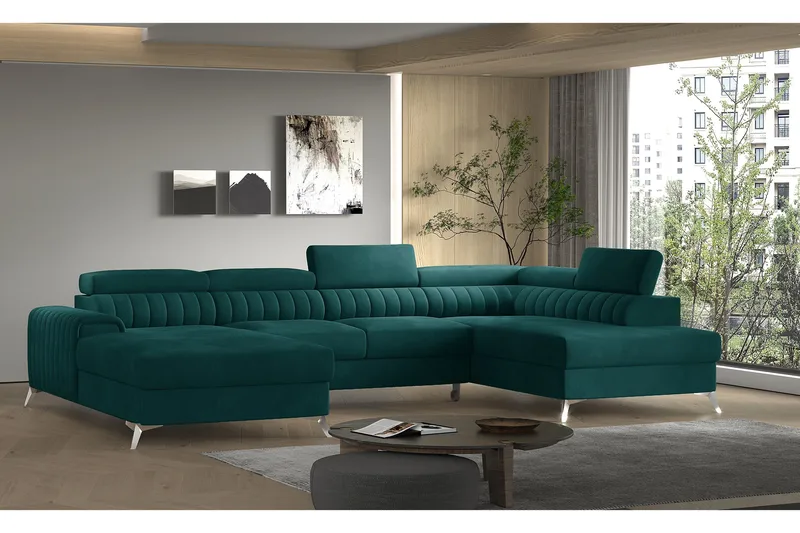 Kamran Bäddsoffa m. Divan och Schäslong med Förvaring, Grön