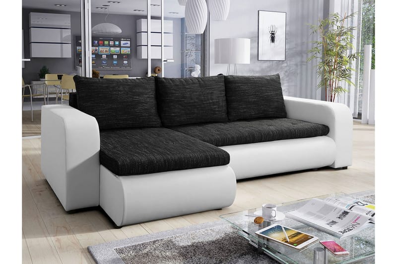 Lecanto 3-sits Universal Hörnbäddsoffa 130x204 cm med Förvaring i Tyg - Svart - Möbler - Soffa - Bäddsoffa - Bäddsoffa divan