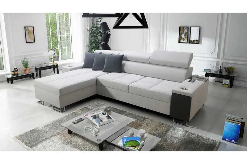 Morenia Längsbäddad L-Hörnbäddsoffa 4-sits med Förvaring i Sammet Vänster - Ljusgrå - Möbler - Soffa - Bäddsoffa - Bäddsoffa divan