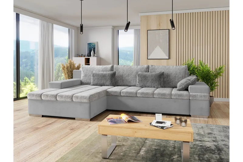 Naoma 3-sits Bäddsoffa med Divan L-formad Vänster med Förvar - Sammet/Grå - Möbler - Soffa - Bäddsoffa - Bäddsoffa divan