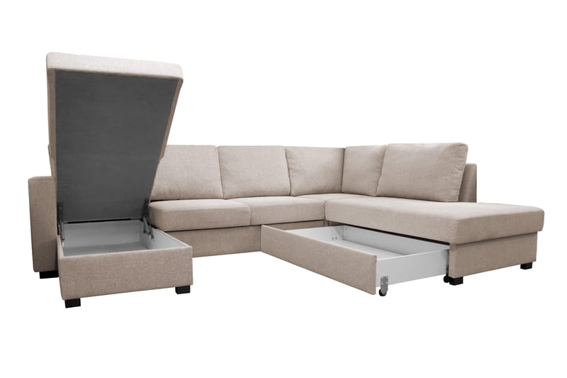 Paris 4-sits Höger U-formad Bäddsoffa 143x277 cm med Förvaring i Tyg - Ljusbeige - Möbler - Soffa - Bäddsoffa - Bäddsoffa divan