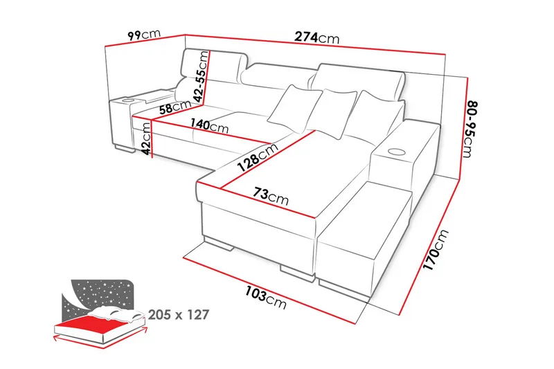 Pereso Hörnsoffa Vänster LED-belysning - Grå - Möbler - Soffa - Bäddsoffa - Bäddsoffa divan