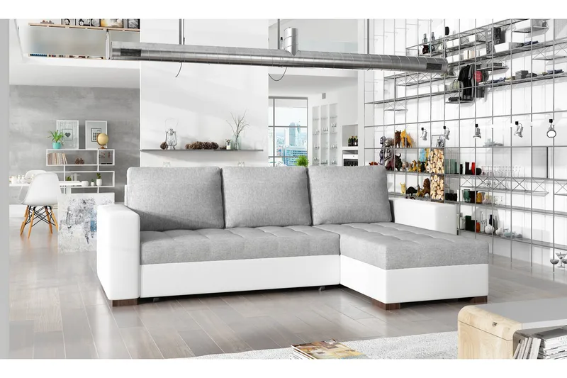 Potes 3-sits Vänster L-formad Bäddsoffa med Divan och Schäslong i Tyg och Konstläder, Vit|Grå
