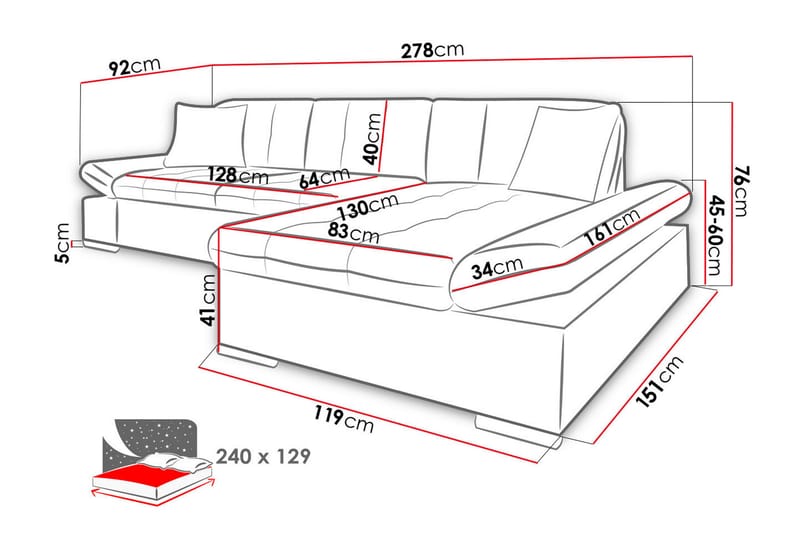 U-Bäddsoffa Malwi 278x162x76 cm - Grå - Möbler - Soffa - Bäddsoffa - Bäddsoffa divan