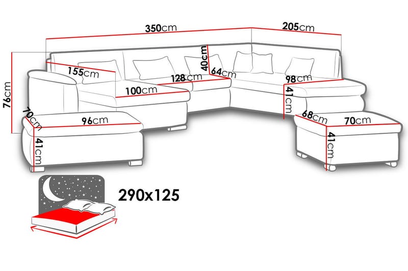 U-Bäddsoffa Sororia 350x205x76 cm Divan Höger - Vit/Grå - Skinnsoffa - Bäddsoffa divan