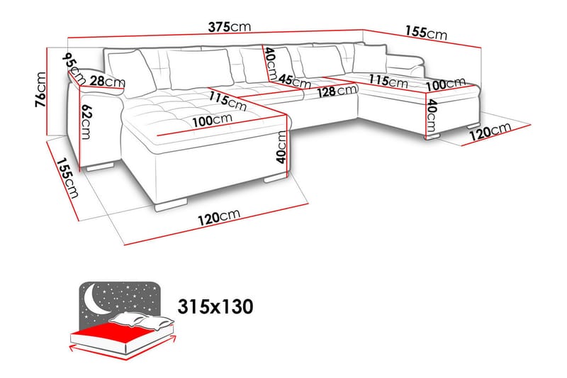 U-Bäddsoffa Wicenza 375x155x76 cm - Grå/Svart - Möbler - Soffa - Bäddsoffa - Bäddsoffa divan
