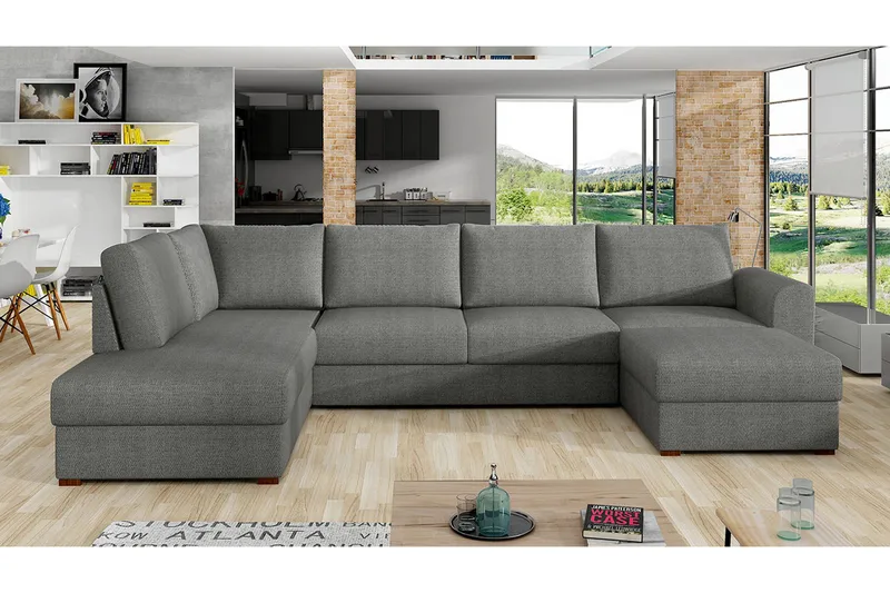 Wilma 6-sits Bäddsoffa med Schäslong i Tyg med Träben - Grå - Möbler - Soffa - Bäddsoffa - Bäddsoffa divan