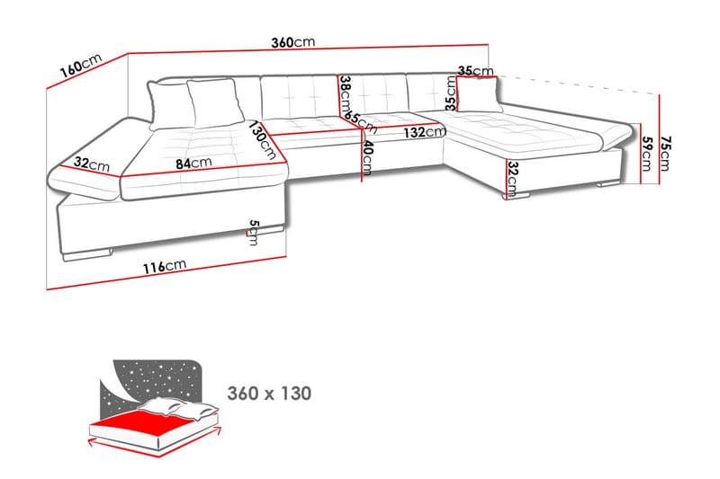 Bäddsoffa Dubbeldivan Eyman 4-sits 360x130 cm U-formad - Rosa - U bäddsoffa - Bäddsoffa divan