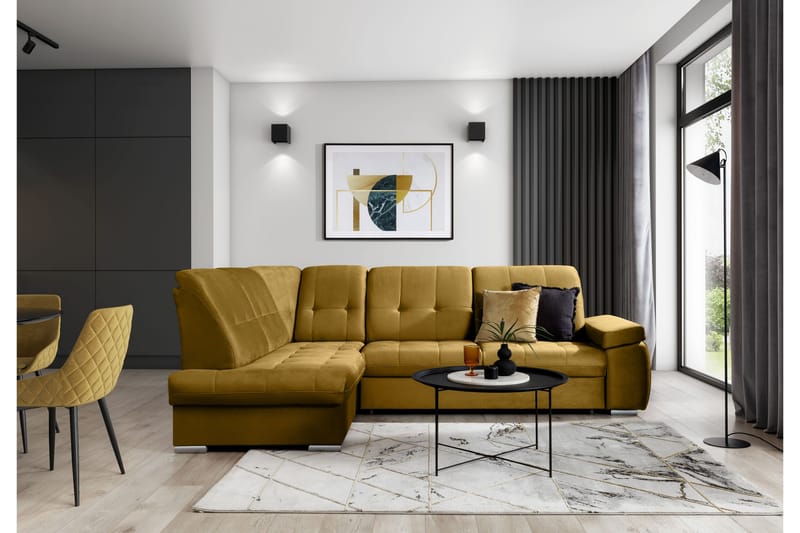 Bäddsoffa m. Schäslong Amelya 3-sits, Gul