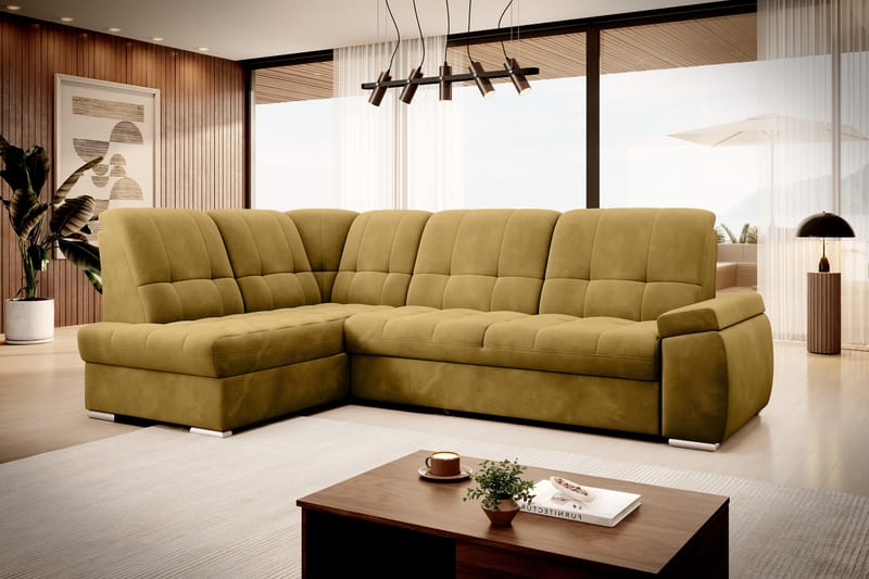 Bäddsoffa m. Schäslong Amelya 3-sits, Gul