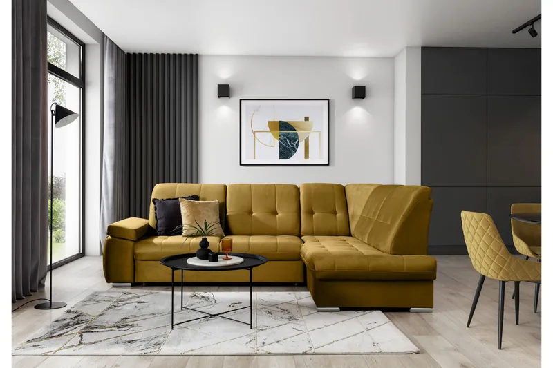 Bäddsoffa m. Schäslong Amelya 3-sits - Gul - Möbler - Soffa - Bäddsoffa - Bäddsoffa längsbäddad