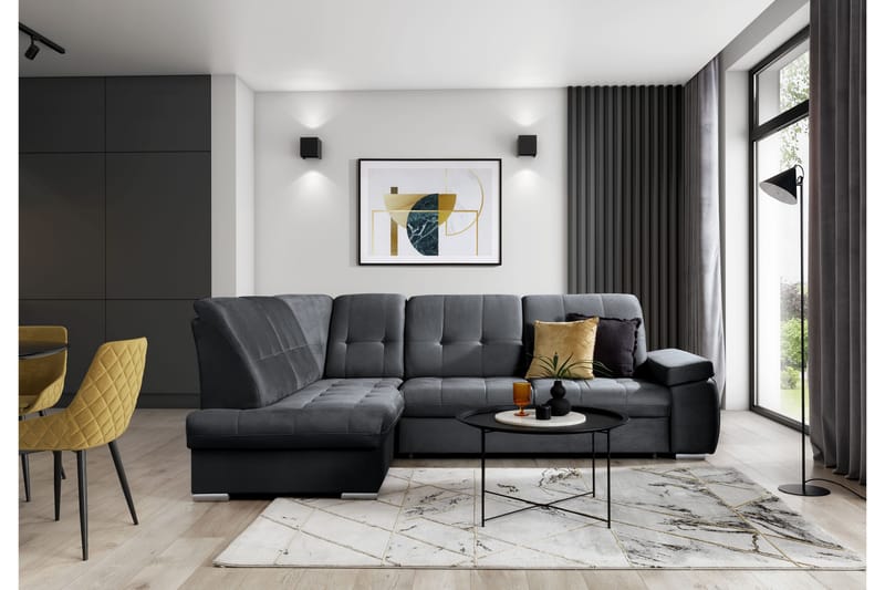 Bäddsoffa m. Schäslong Amelya 3-sits, Mörkgrå