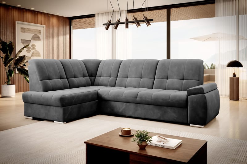 Bäddsoffa m. Schäslong Amelya 3-sits, Mörkgrå