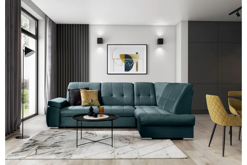 Bäddsoffa m. Schäslong Amelya 3-sits, Mörkgrön