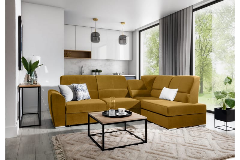 Bäddsoffa m. Schäslong Keith 3-sits, Gul