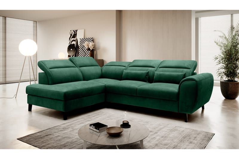 Bäddsoffa m. Schäslong Yasmine 3-sits, Mörkgrön