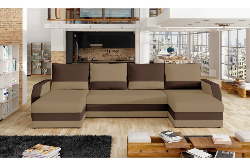 Bäddsoffa Recesenede med Dubbeldivan - Beige|Brun - U bäddsoffa - Bäddsoffa divan