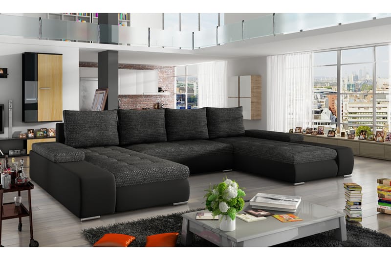 Bäddsoffa Recesenede med Dubbeldivan - Grå|Svart - Möbler - Soffa - Bäddsoffa - U bäddsoffa