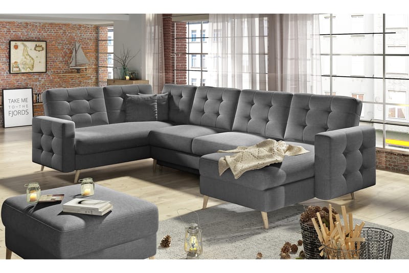 Bäddsoffa Remoni med Dubbeldivan - Grå - Möbler - Soffa - Bäddsoffa - U bäddsoffa