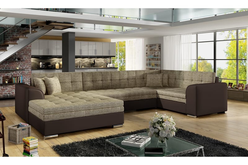 Bäddsoffa Zambia med Dubbeldivan - Beige|Brun - U bäddsoffa - Bäddsoffa divan