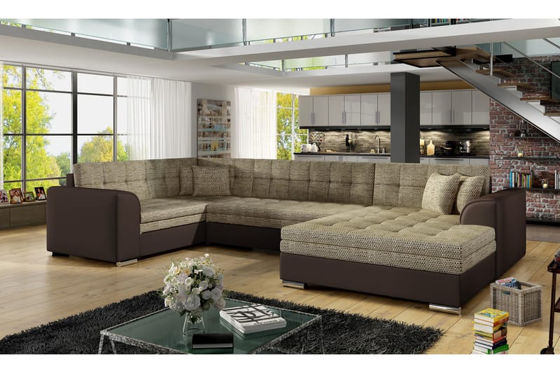 Bäddsoffa Zambia med Dubbeldivan - Beige|Brun - U bäddsoffa - Bäddsoffa divan