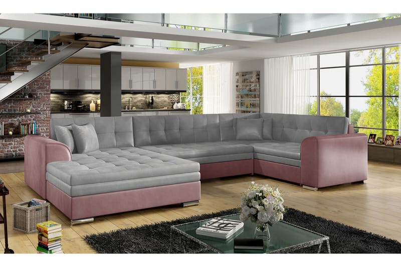 Bäddsoffa Zambia med Dubbeldivan - Grå|Rosa - U bäddsoffa - Bäddsoffa divan