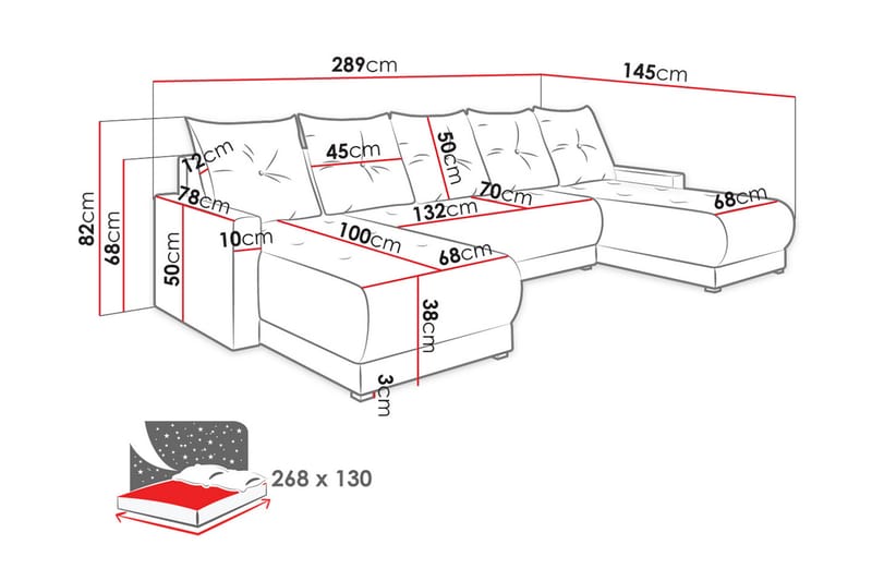 Leppil 4-sits Bäddsoffa Höger - Rosa - U bäddsoffa - Bäddsoffa divan