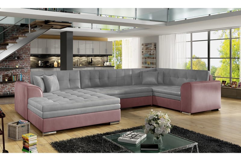 Rineta Bäddsoffa med Dubbeldivan - Grå/Rosa - Möbler - Soffa - Bäddsoffa - U bäddsoffa