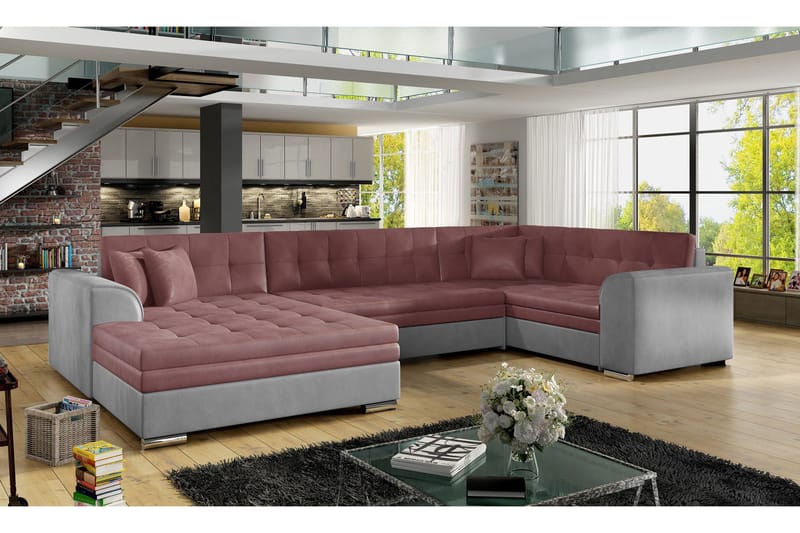 Rineta Bäddsoffa med Dubbeldivan - Rosa/Grå - Möbler - Soffa - Bäddsoffa - U bäddsoffa