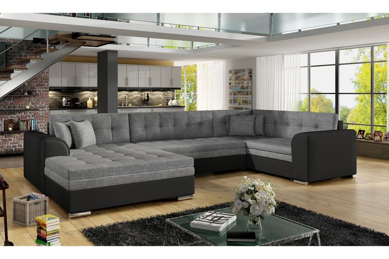 Bäddsoffa Zambia med Dubbeldivan - Grå|Svart - Bäddsoffa divan - U bäddsoffa