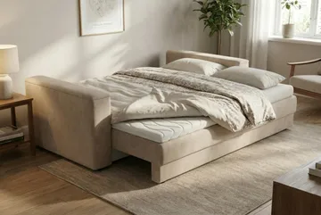 Bergen Extra djup 3-sits Bäddsoffa med Bäddmadrass i Memoryskum och Tvättbar klädsel - Beige Tyg - Möbler - Soffa - Bäddsoffa - 3 sits bäddsoffa