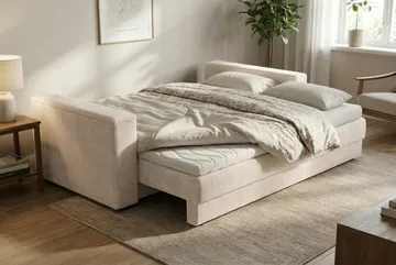 Bergen Extra djup 3-sits Bäddsoffa med Bäddmadrass i Polyesterskum Vändbar Sommar- & Vintersida och Tvättbar klädsel - Beige Manchester - Möbler - Soffa - Bäddsoffa - 3 sits bäddsoffa