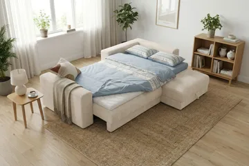 Bergen Extra djup 3-sits Bäddsoffa med Divan och Bäddmadrass i Memoryskum och Tvättbar klädsel - Beige - Möbler - Soffa - Bäddsoffa - Bäddsoffa divan