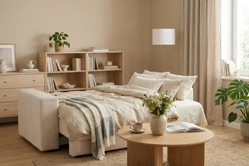 Bergen Extra Djup 3-sits Bäddsoffa med förvaring i manchester - Beige - Möbler - Soffa - Bäddsoffa - 3 sits bäddsoffa