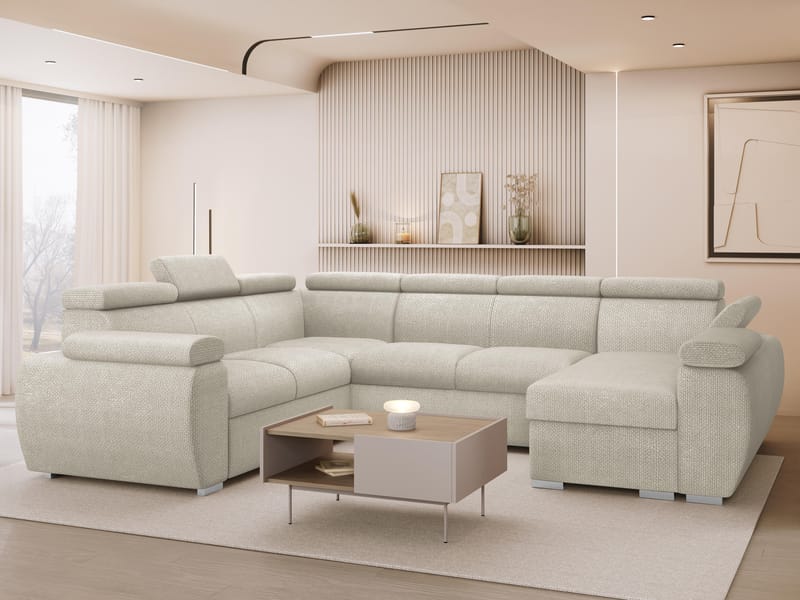 Binche 6-sits Bäddsoffa hörn med divan höger och förvaring - beige - Möbler - Soffa - Bäddsoffa - Hörnbäddsoffa