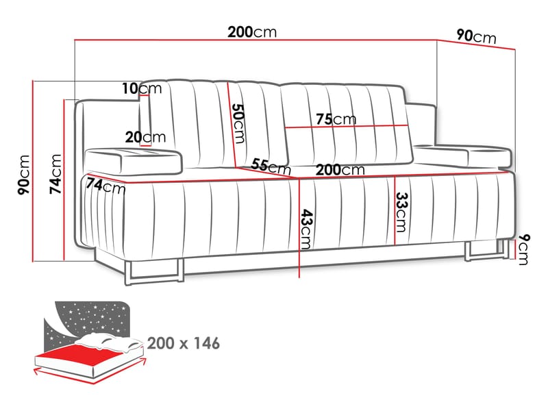 Bonsall 3-sits Bäddsoffa med förvaring - grå - Möbler - Soffa - Bäddsoffa - Bäddsoffa längsbäddad