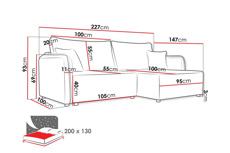 Chandru Bäddsoffa med Divan 3-sits - Grå - Möbler - Soffa - Bäddsoffa - Bäddsoffa divan