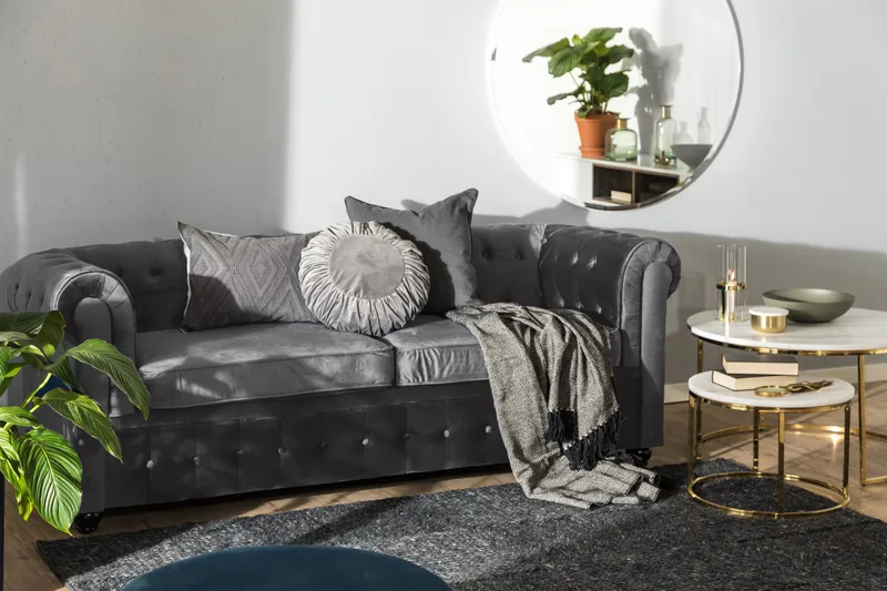 Chesterfield Deluxe 3-sits Framåtbäddad bäddsoffa i sammet - Mörkgrå Sammet - Möbler - Soffa - Bäddsoffa - 3 sits bäddsoffa