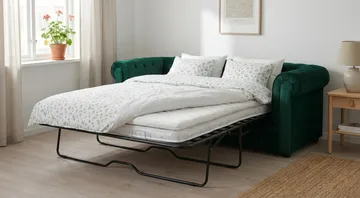 Chesterfield Lyx 3-sits Framåtbäddad Bäddsoffa med HVILA Bäddmadrass 140x200 cm Latex med Tvättbar klädsel - Grön/Vit - Möbler - Soffa - Bäddsoffa - 3 sits bäddsoffa