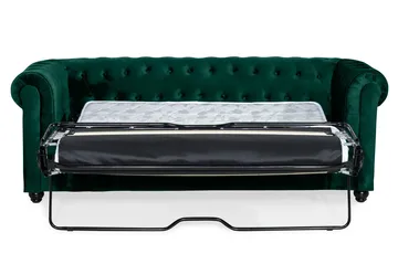 Chesterfield Lyx 3-sits Framåtbäddad Bäddsoffa med HVILA Bäddmadrass 140x200 cm Latex med Tvättbar klädsel - Grön/Vit - Möbler - Soffa - Bäddsoffa - 3 sits bäddsoffa