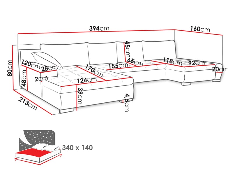 Cillo 5-sits U-formad bäddsoffa med dubbeldivan - beige - Möbler - Soffa - Bäddsoffa - Hörnbäddsoffa