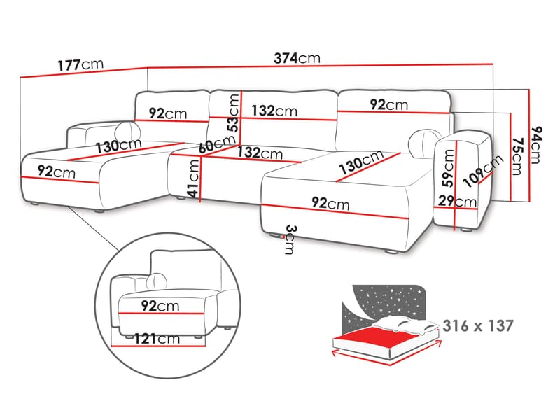 Elvior 5-sits U-formad bäddsoffa med dubbeldivan - vit - Möbler - Soffa - Bäddsoffa - Hörnbäddsoffa