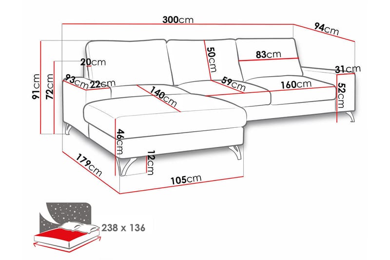 Emet Bäddsoffa med Divan 3-sits - Vit - Möbler - Soffa - Bäddsoffa - Bäddsoffa längsbäddad