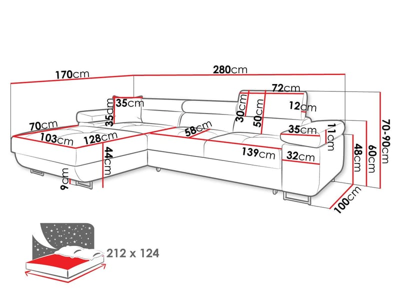 Gabina 3-sits Bäddsoffa med divan - svart - Möbler - Soffa - Bäddsoffa - Hörnbäddsoffa
