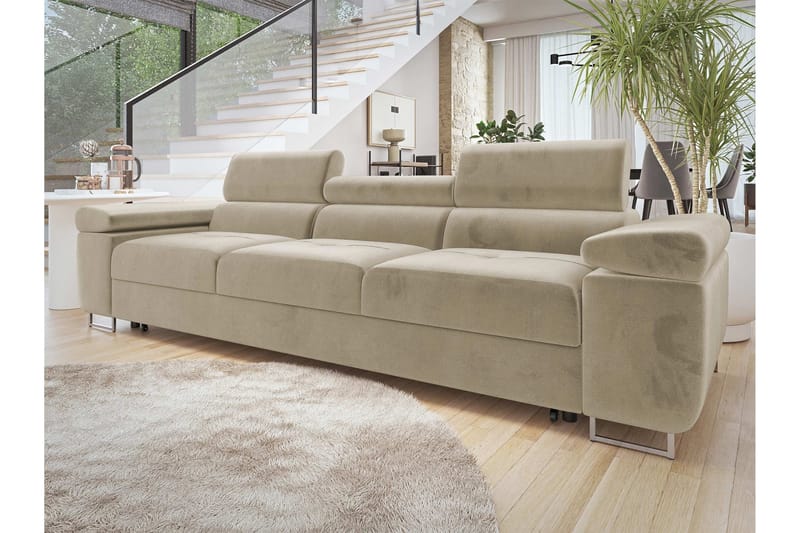 Gabina Bäddsoffa 3-sits i Plysch - Beige - Möbler - Soffa - Bäddsoffa - 3 sits bäddsoffa