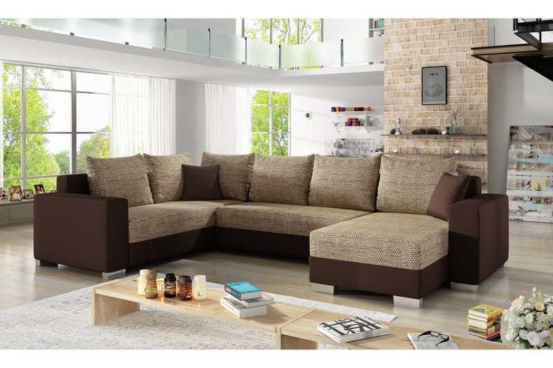 Gallicanta 4-sits Höger U-formad Hörnbäddsoffa i Tyg och Läder, Beige|Brun