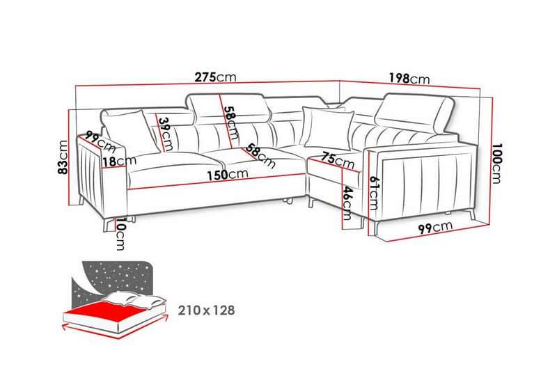 3-sits Hörnbäddsoffa Galbally - Hörnbäddsoffa