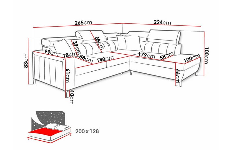 3-sits Hörnbäddsoffa Galbally - Hörnbäddsoffa