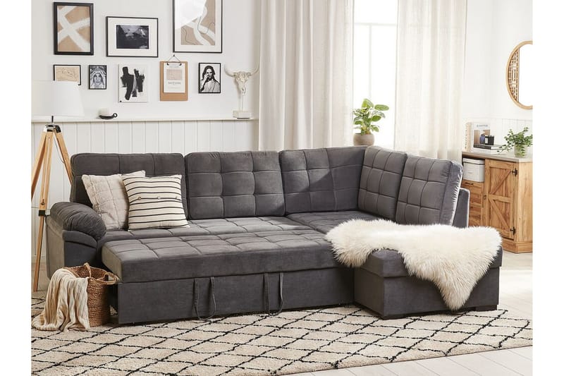 4-sits Hörnbäddsoffa Valdshult Vänster - Sammet/Grå - Möbler - Soffa - Bäddsoffa - Hörnbäddsoffa